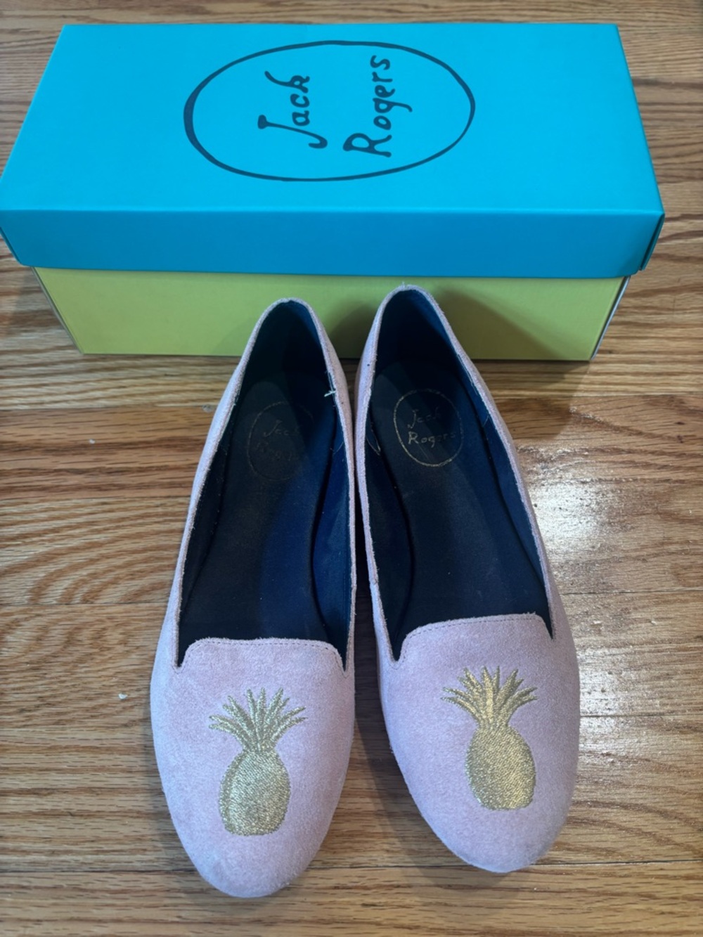 Jack Rogers Pink Suede Loafers with Gold Pineapple Accent